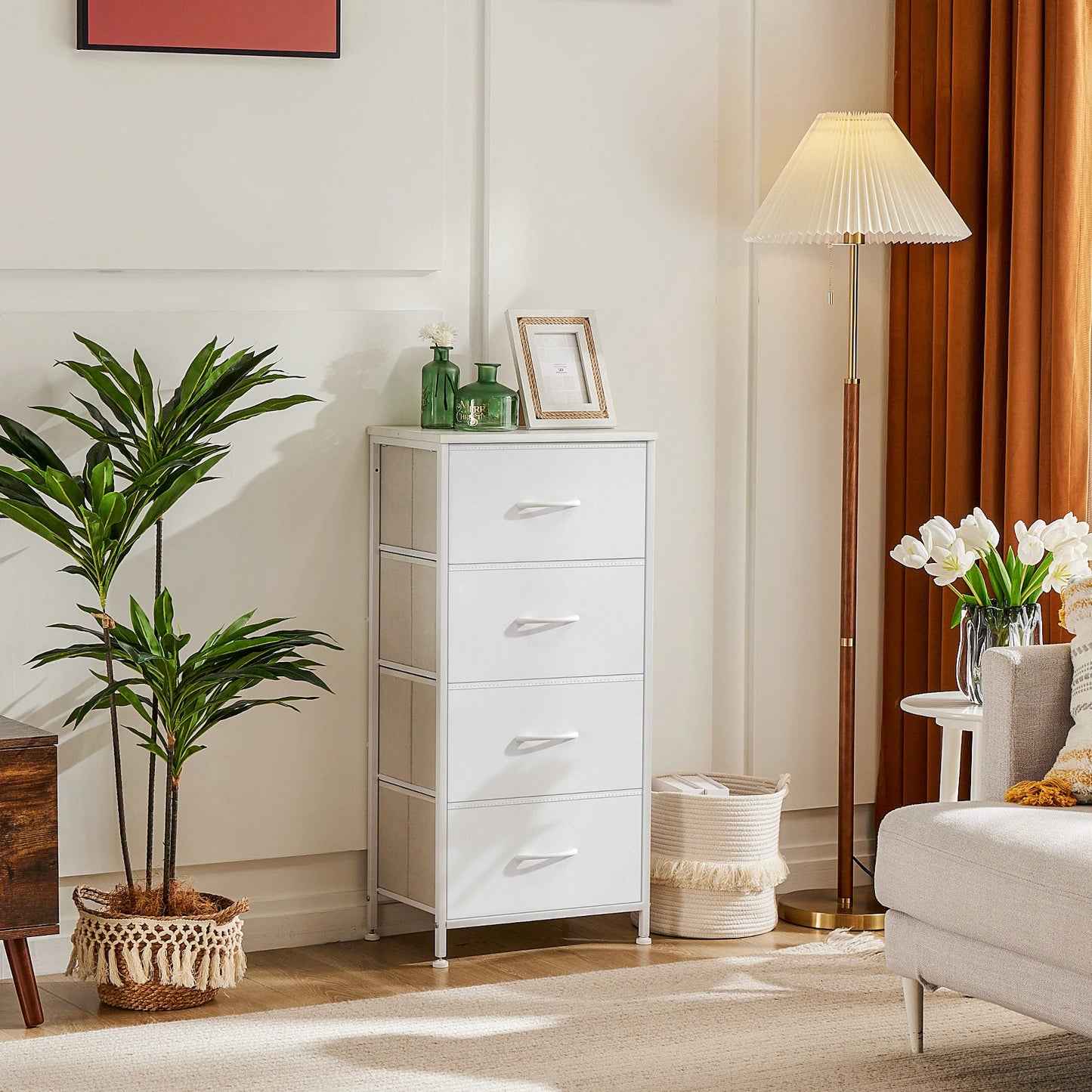 JHK Dresser For Bedroom With 4 Fabric Drawers Nightstand Wardrobe Steel Frame Closet For Clothes Storage Cabinet Of Furniture