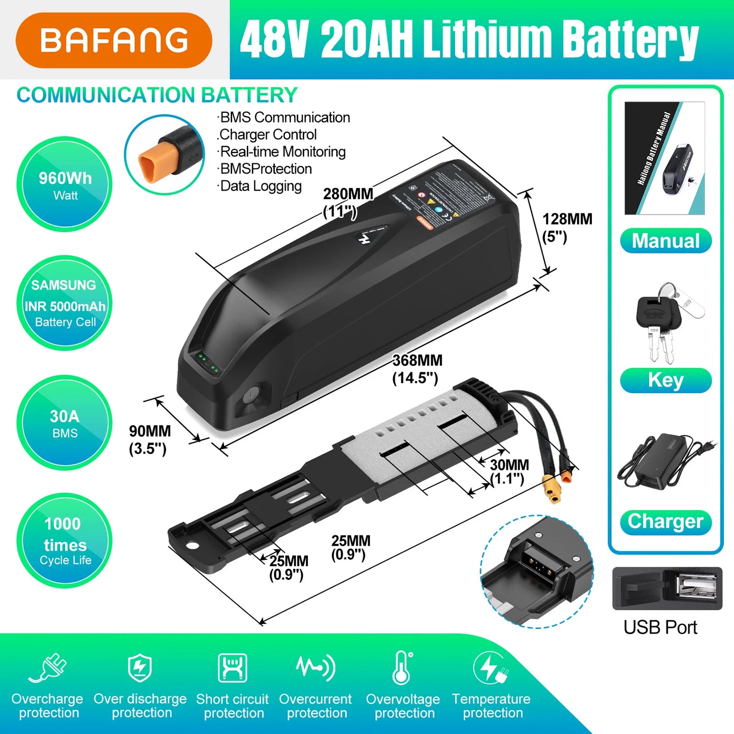[3 Day Delivery ] Electric Bike Battery 20Ah 30Ah Hailong 48V 36V 52V eBike Downtube Lithium Battery Pack for 250W-1500W Motor