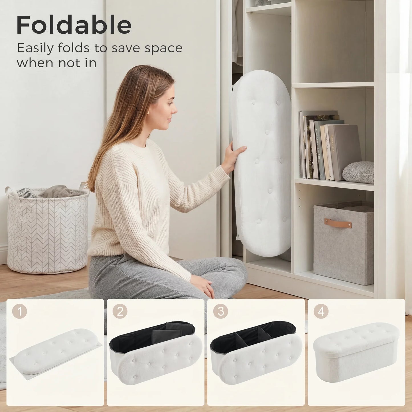 JHK Folding Storage Ottoman Bench With Teddy Fabric Cushion