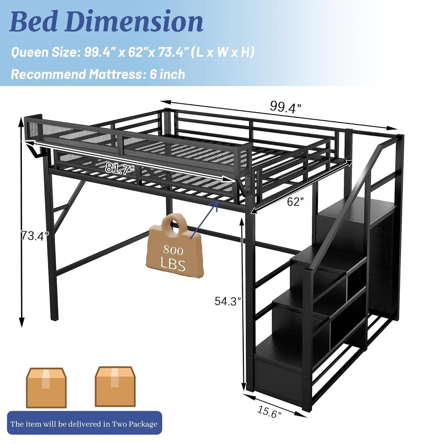 Metal Loft Bed With Stairs Storage Wardrobe And Bedside Shelf For Adults