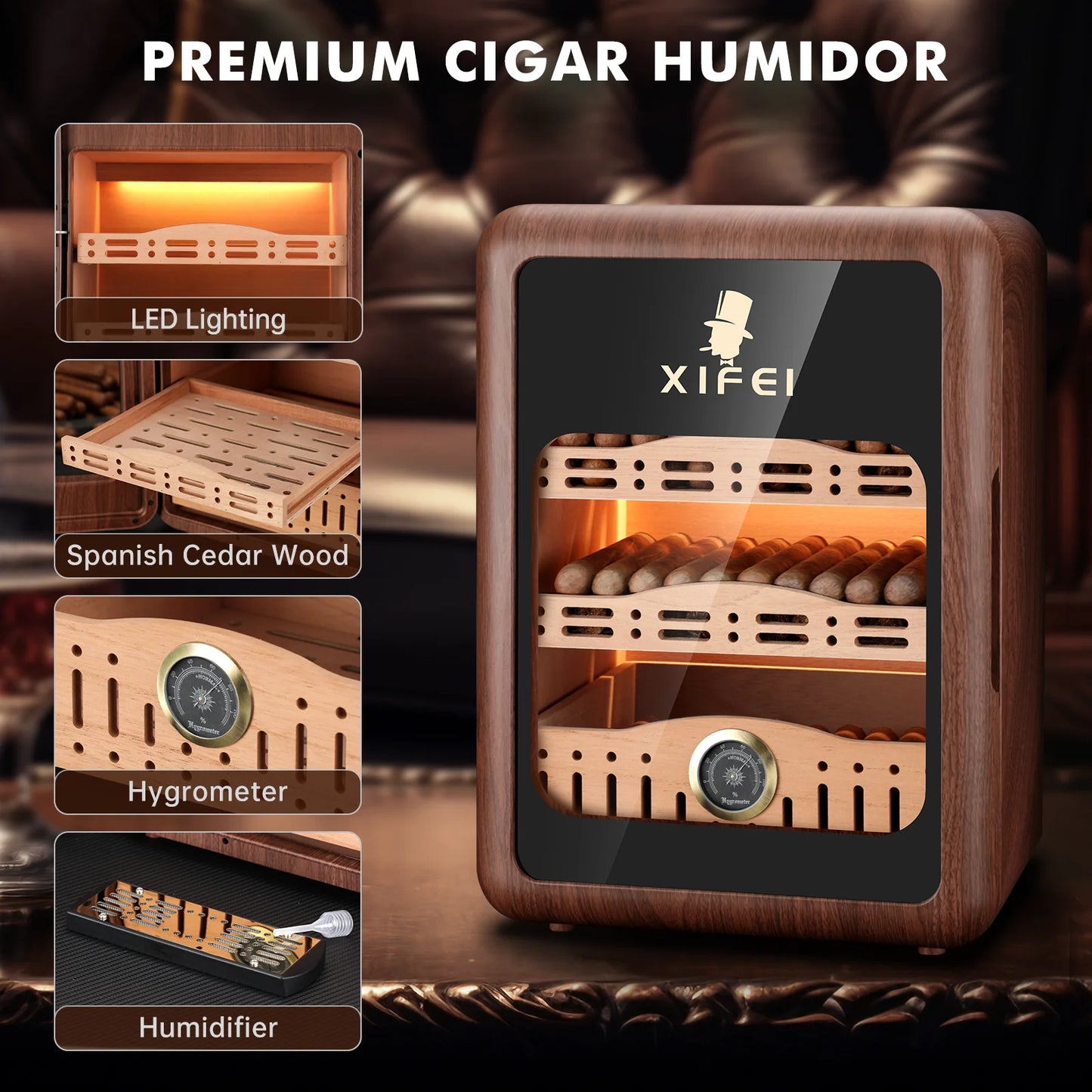 XIFEI Cigar Humidor Up To 150 Cigars With LED Lighting Spanish Cedar Shelves