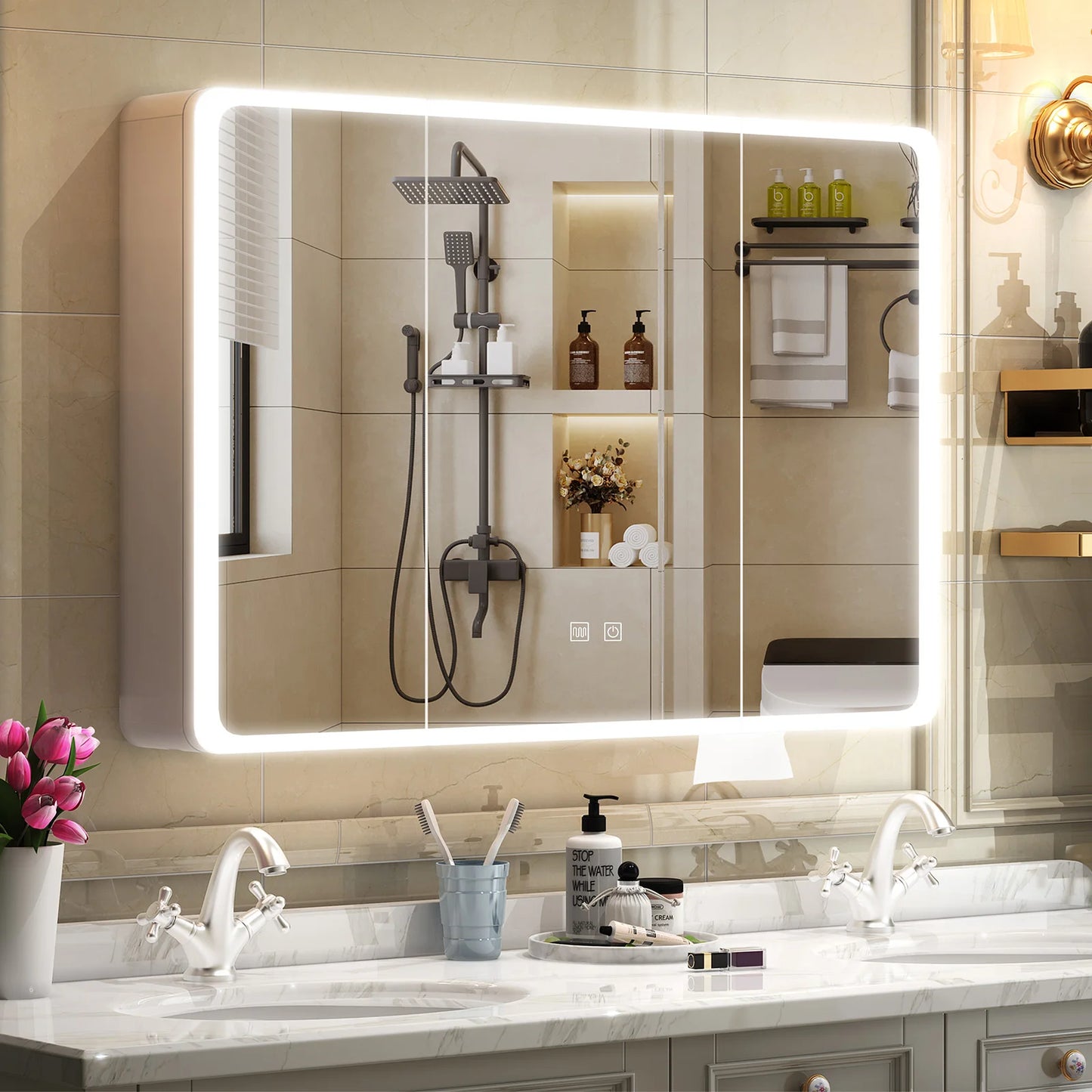 led mirror bathroom Large LED Lighted Medicine Cabinet w/ Mirror 2 Doors Medicine Cabinet Bathroom