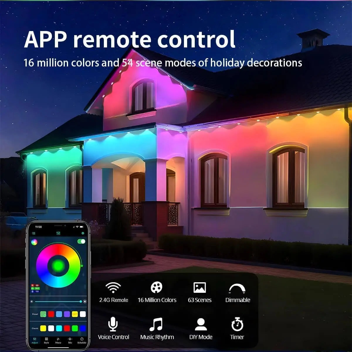 300FT 180LED Permanent Eaves LED Lights Outdoor Waterproof RGB String Lights DIY Scene Christmas Birthday Holiday Party Lighting