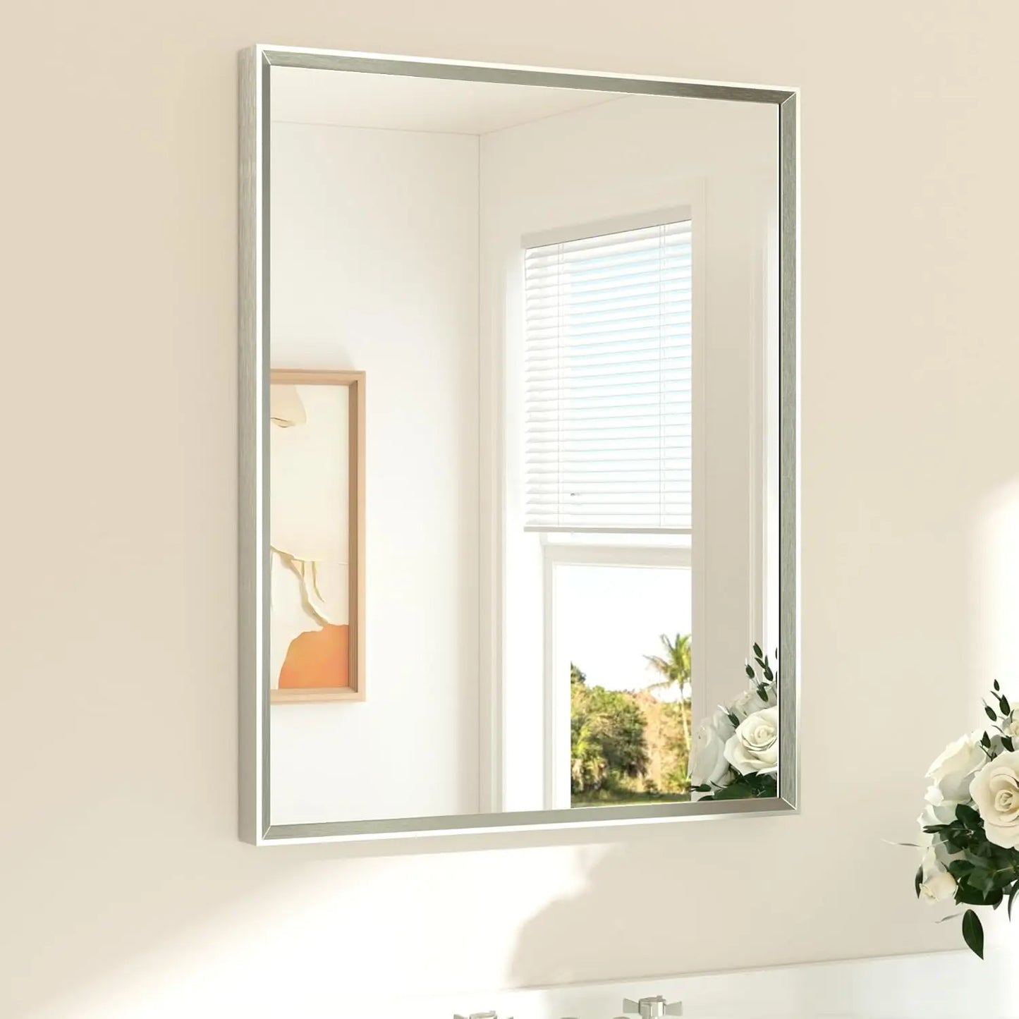 Brushed Nickel Bathroom Mirror 24' x 30' RecBeveled Frame Bathroom Vanity Mirror for Over Sink Brushed Nickel, Tempered Glass, S