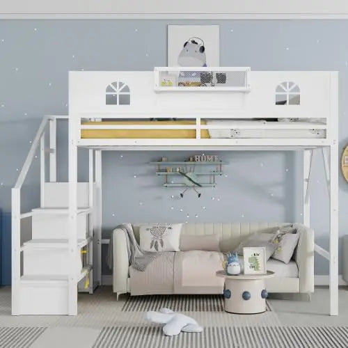 Metal Loft Bed With Stairs Storage Wardrobe And Bedside Shelf For Adults