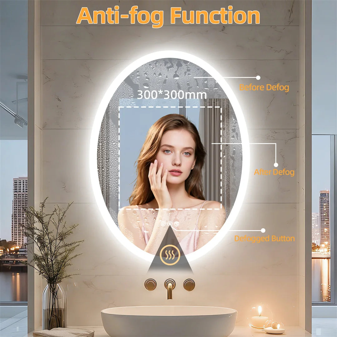 LUVODI Bluetooth LED Bathroom Mirror,Oval Wall Vanity Mirror with Double NdFeB Speakers,Smart Memory Dimming Lighted Mirror Fogless