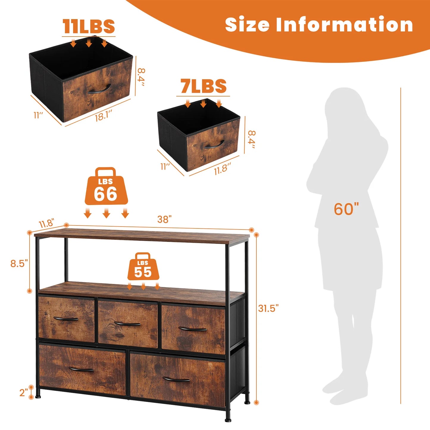 JHK Shoe Cabinet With 5 Fabric Drawers And TV Stand