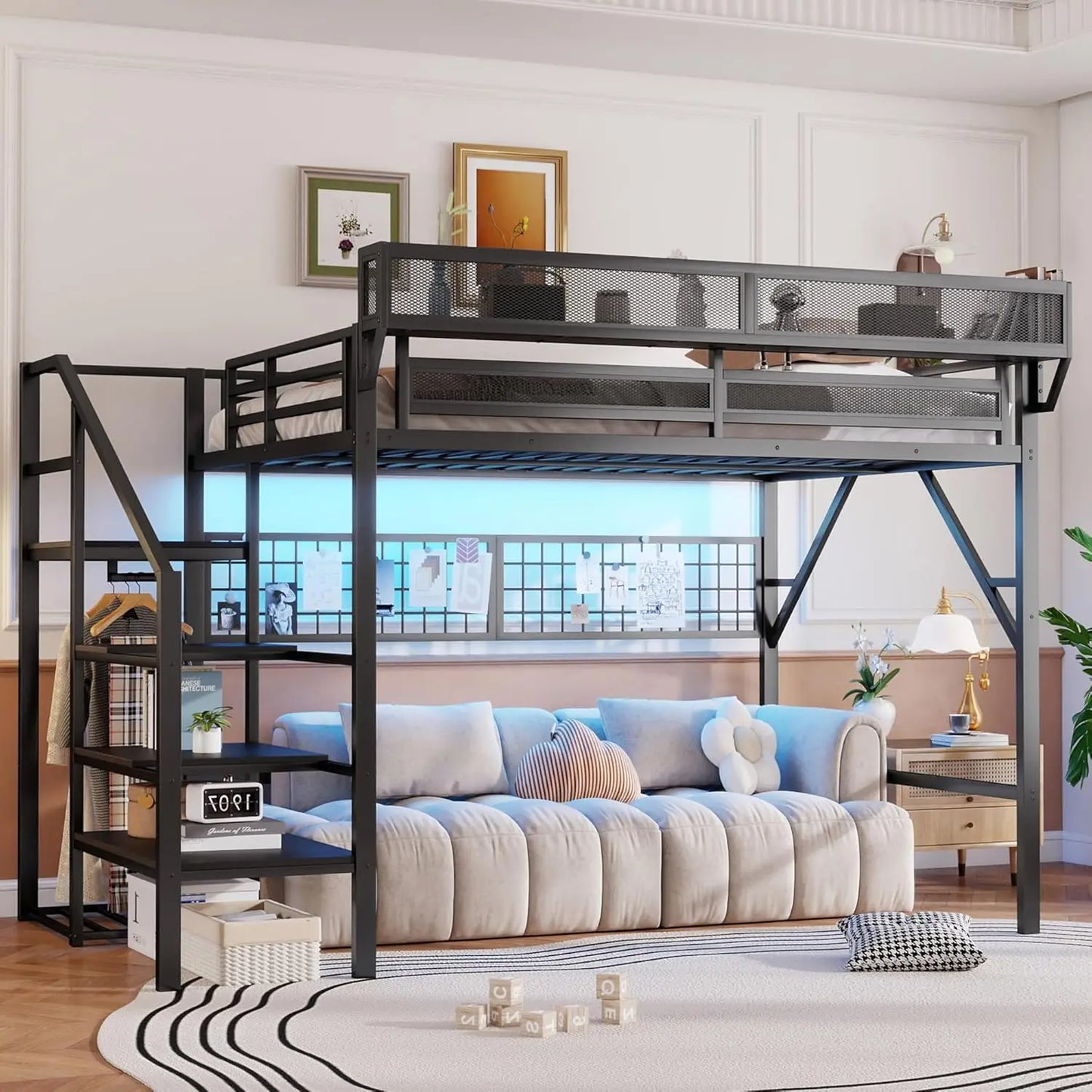 Metal Loft Bed With Stairs Storage Wardrobe And Bedside Shelf For Adults