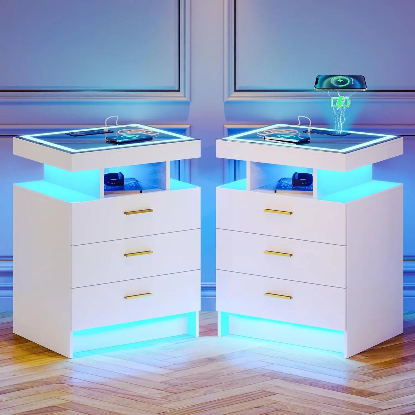 Nightstands With Wireless Charging Station And Auto Sensor LED