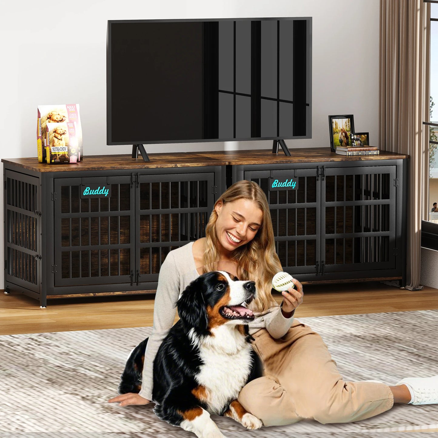 Heavy Duty Dog Crate Furniture With Casters For TV Stand