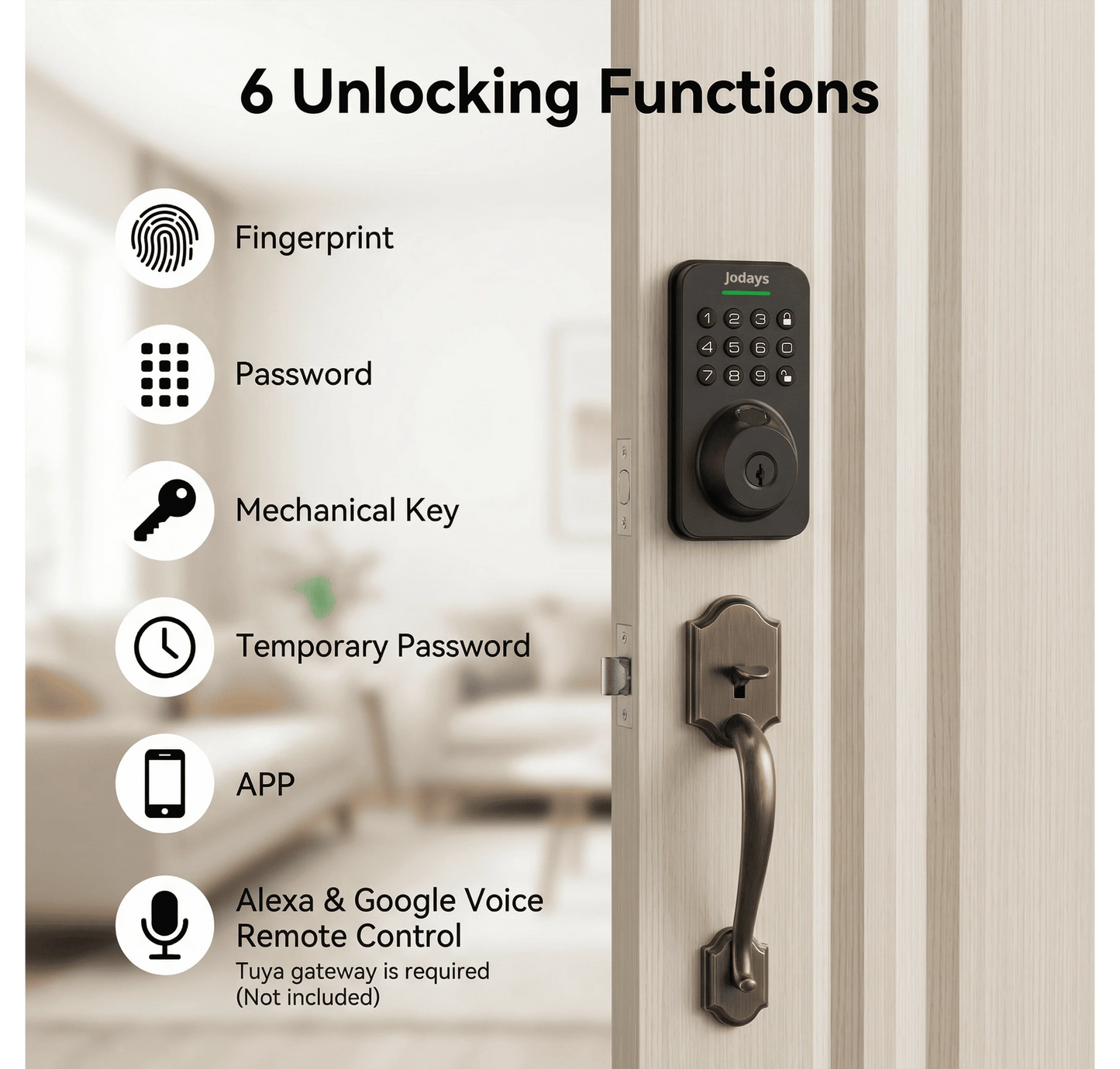 Jodays Smart Deadbolt Lock with Fingerprint & Keypad, Keyless Entry Door Lock with App Control, Temporary and One-Time Password, Auto Lock & Anti-Peep Passcode, Powered by 4pcs AA Alkaline Batteries(No included), Easy Install