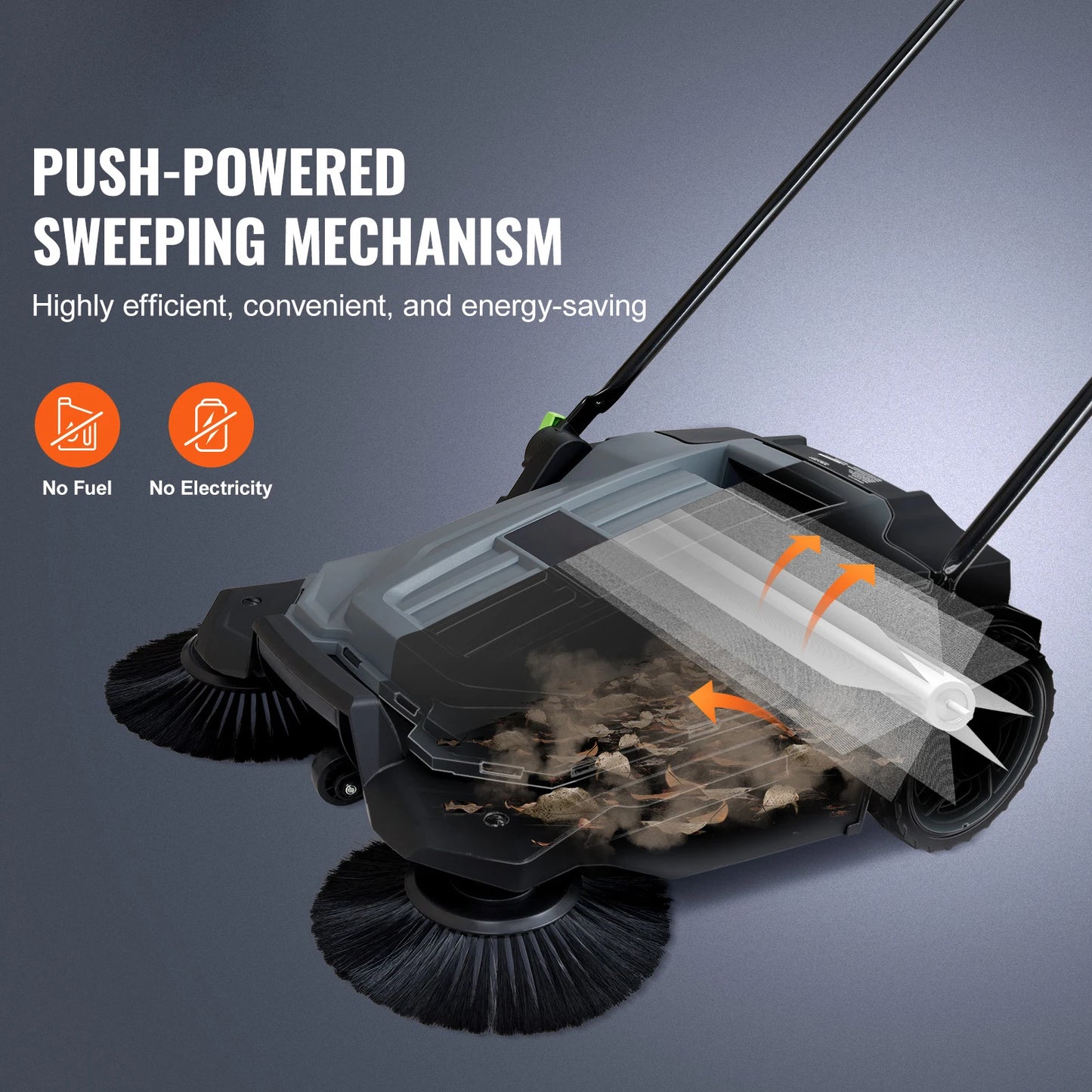 SucceBuy Walk-behind Hand Push Floor Sweeper 25.6" Sweeping Width Floor Sweeper 5-Gal Waste Container Angle & Height Adjustable