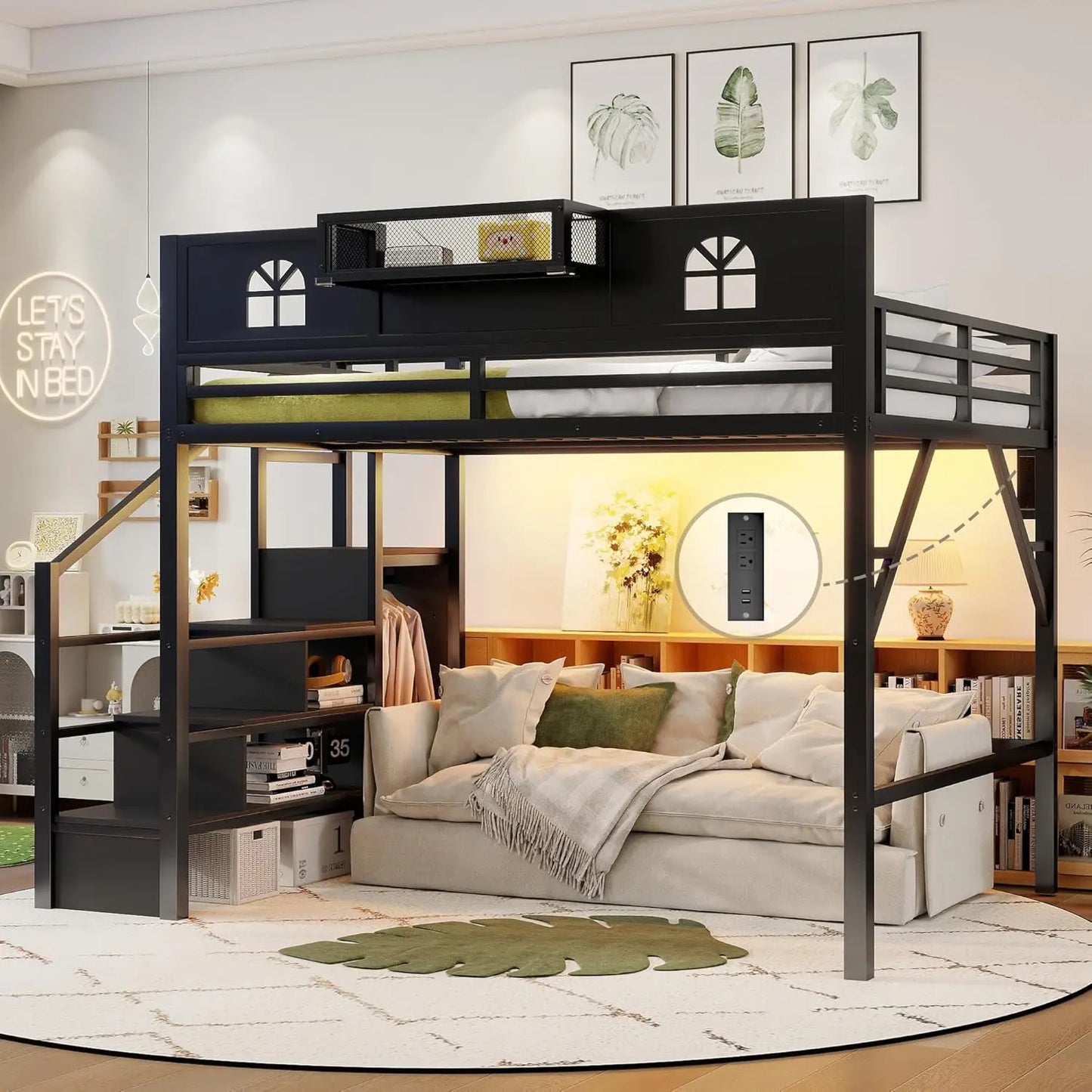Metal Loft Bed With Stairs Storage Wardrobe And Bedside Shelf For Adults