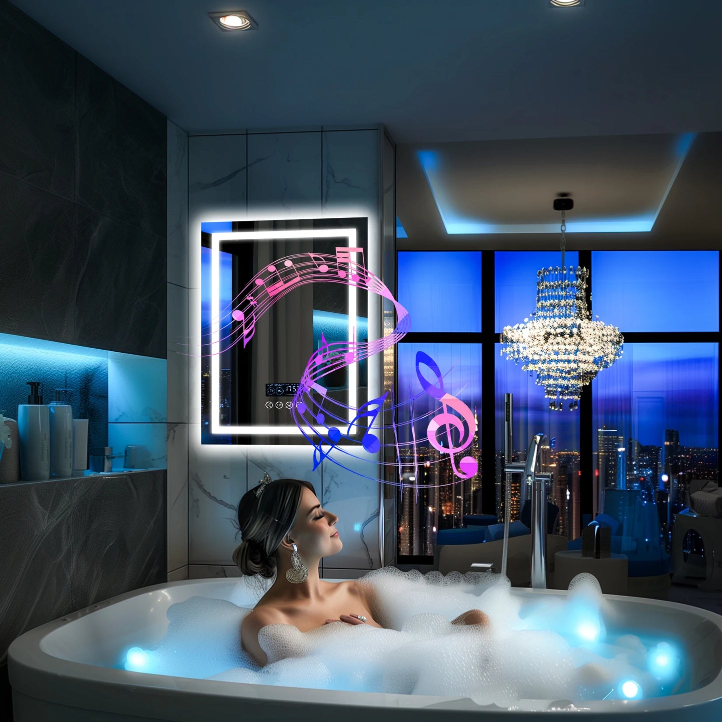 Wisfor 28x36 Lighted Bathroom Mirror with Bluetooth Speaker Smart LED Vanity Makeup Wall Mounted Mirrors 3 Lights Anti-Fog Touch