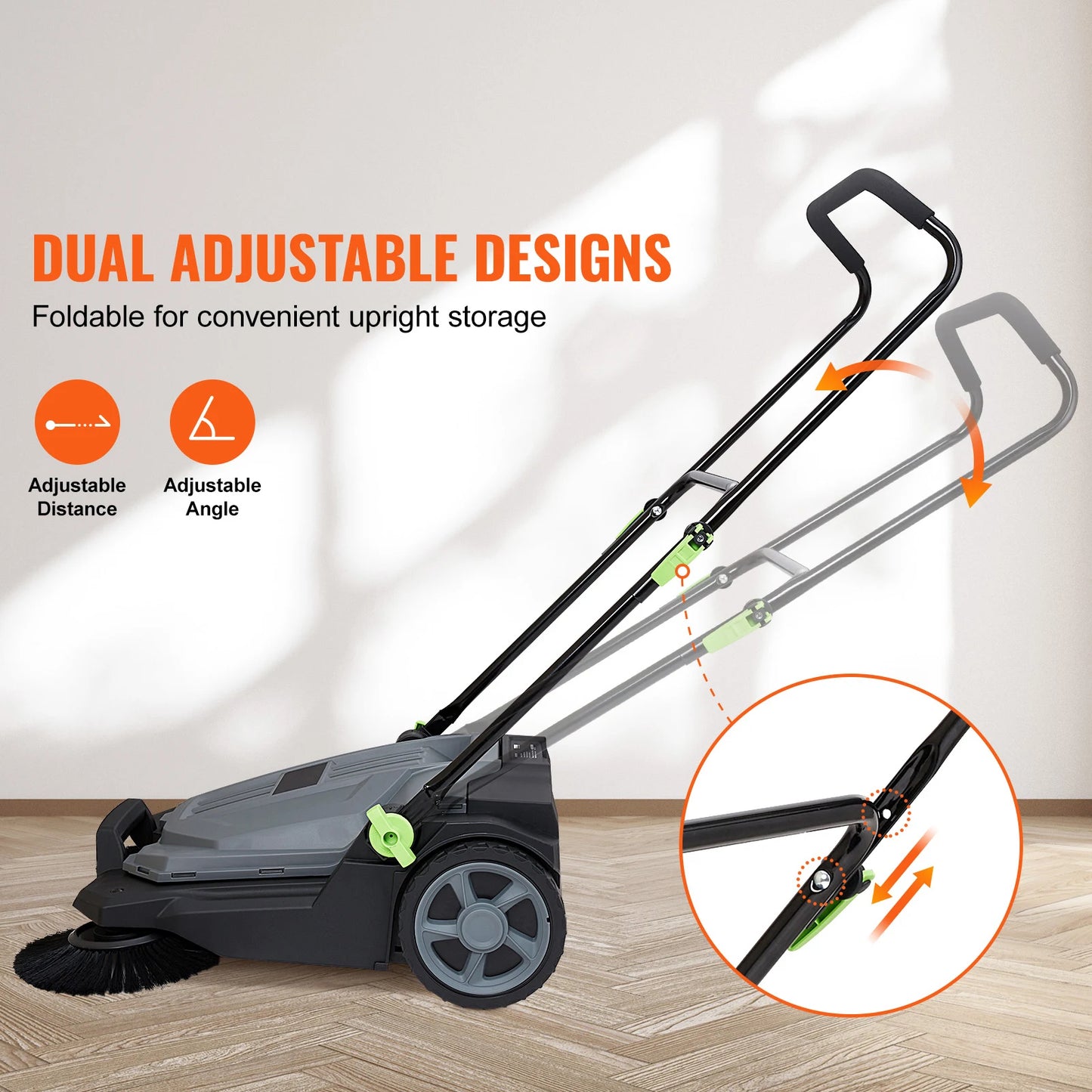 SucceBuy Walk-behind Hand Push Floor Sweeper 25.6" Sweeping Width Floor Sweeper 5-Gal Waste Container Angle & Height Adjustable