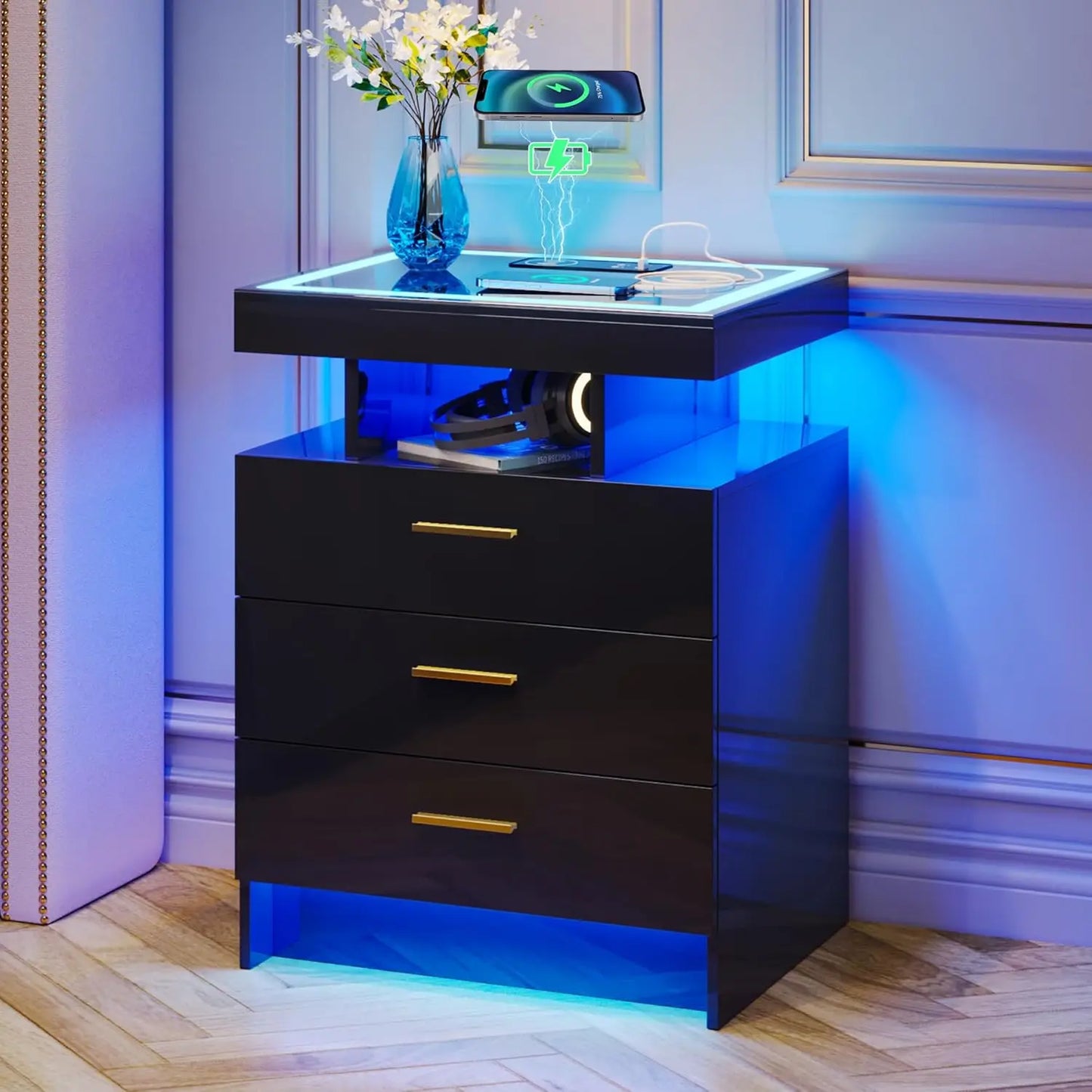 Nightstands With Wireless Charging Station And Auto Sensor LED