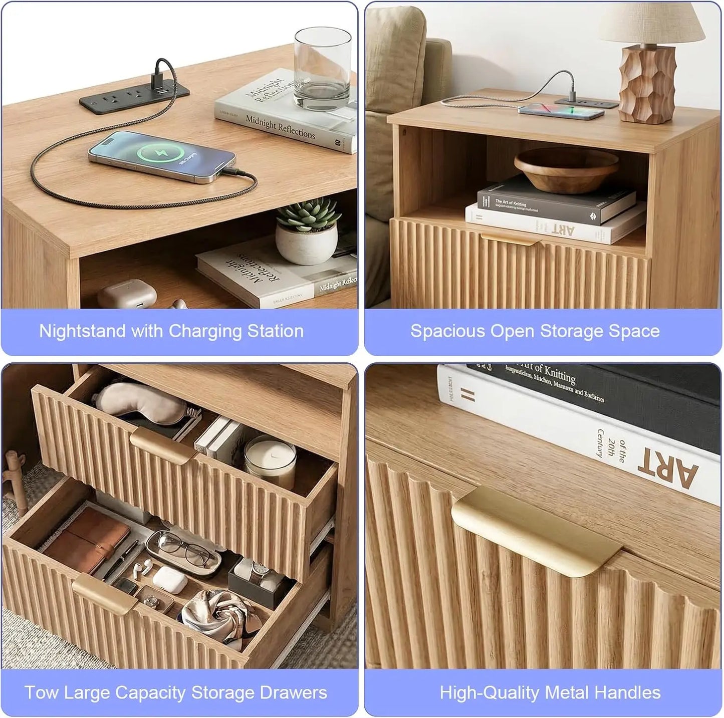 Nightstand with Charging Station, Fluted Night Stand Bedside Table with 2 Storage Drawers & Open Shelf, Small Side Table End Table for Bedroom,Living Room, Natural Oak