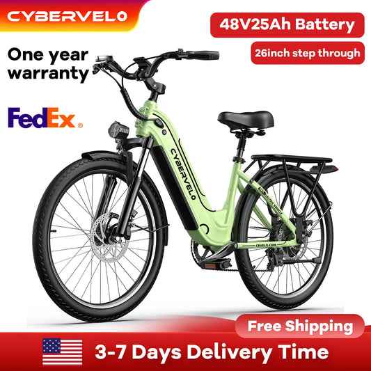 Cybervelo 26" Step-Thru Commuter, 1000W Peak 48V 25Ah Detachable Battery, Long Range 7-Speed Shift Electric Bike for Adult EK7