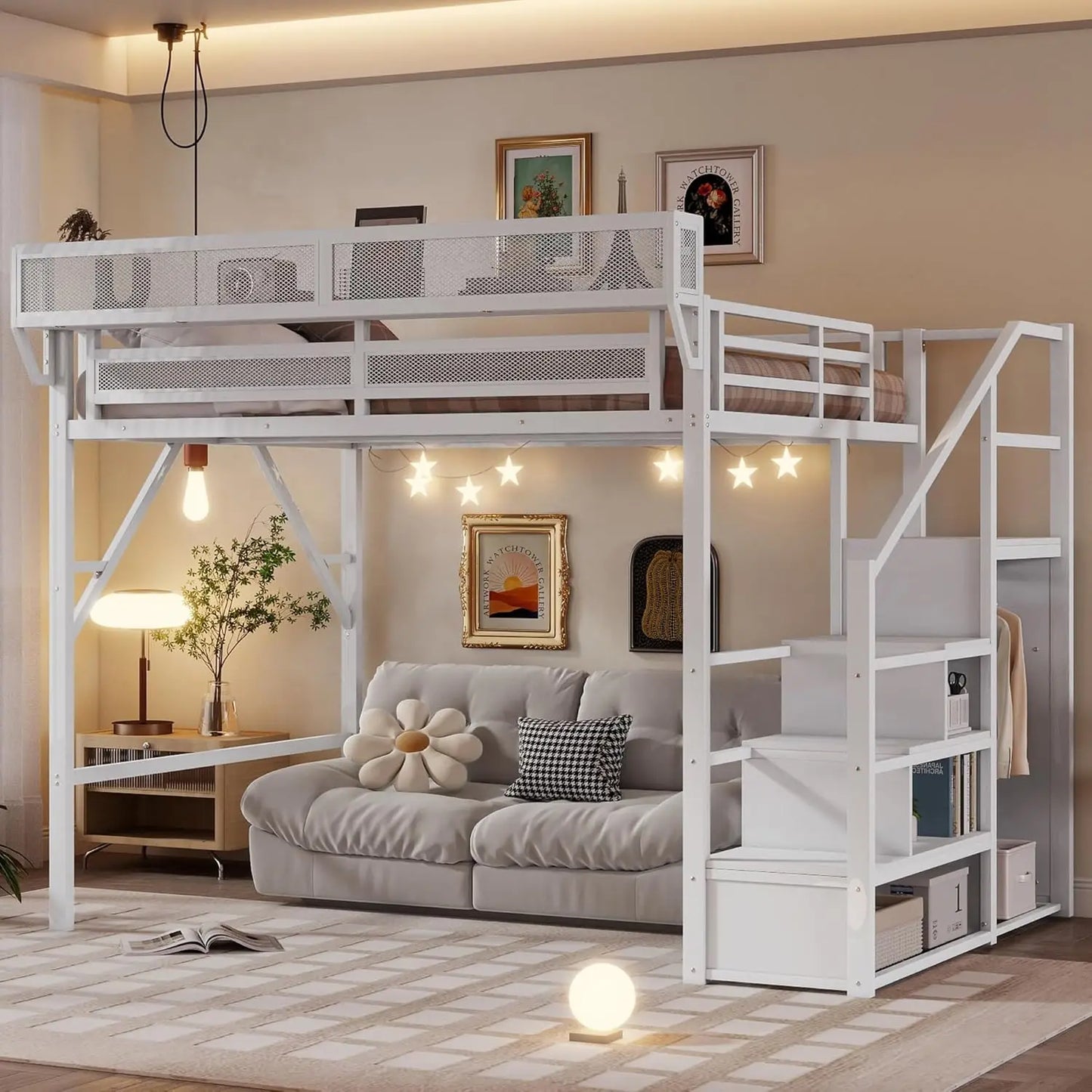 Metal Loft Bed With Stairs Storage Wardrobe And Bedside Shelf For Adults