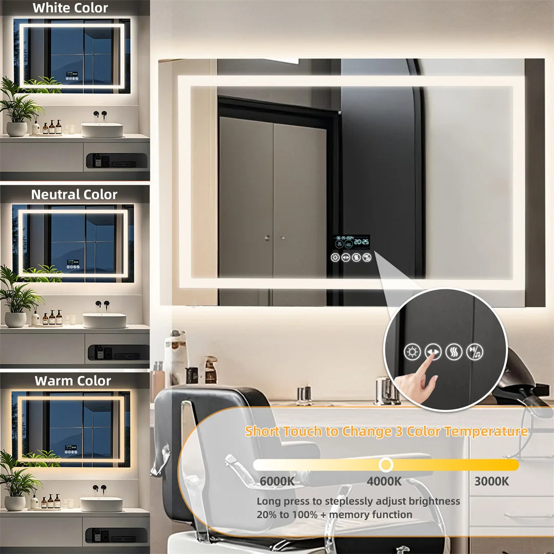 LUVODI 100cm Large Rectangle Bluetooth Bathroom Mirror Wall Vanity Mirror with Time Display IP44 Waterproof Dimming,Anti-fog