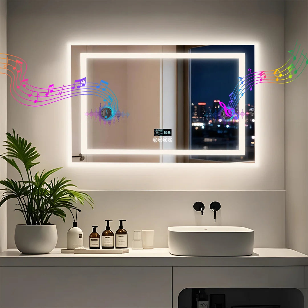 LUVODI 100cm Large Rectangle Bluetooth Bathroom Mirror Wall Vanity Mirror with Time Display IP44 Waterproof Dimming,Anti-fog