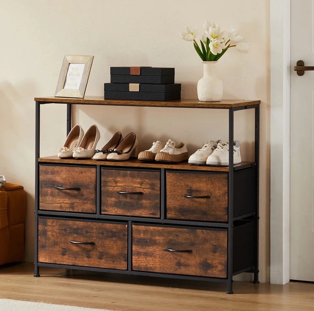 JHK Shoe Cabinet Dresser With 5 Fabric Drawers TV Stand