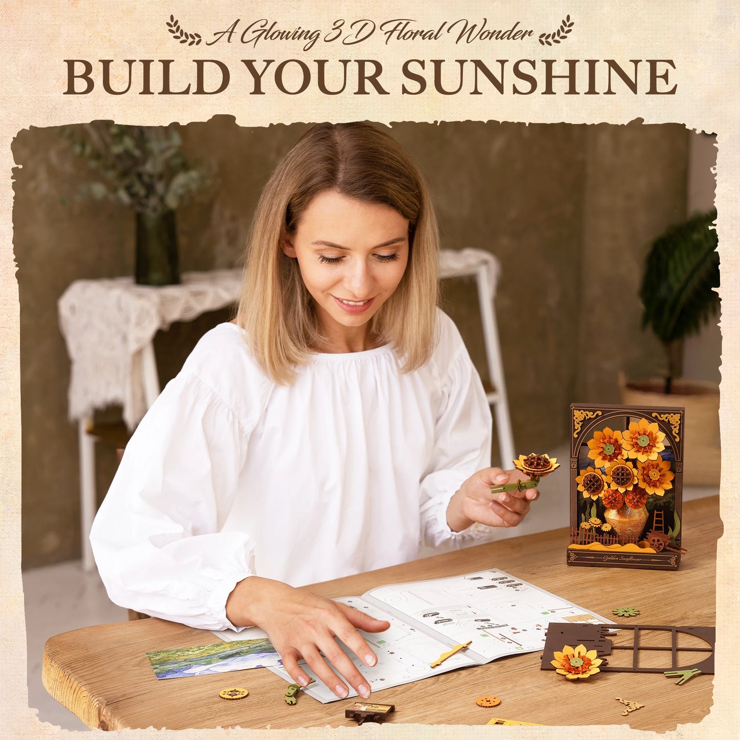 Rolife 3D Wooden Puzzle Golden Sunflower Wall Art Hangable 3D Art Painting Wall Decor Model Building Kit Tabletop Display with LED Light for Home Decor Desk Decor Gift for Adults Kids Friends