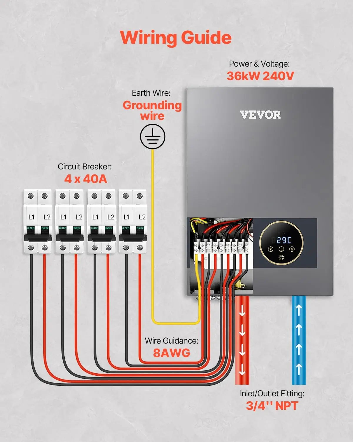 36KW 240V Electric Tankless Water Heater With LCD Touch Control