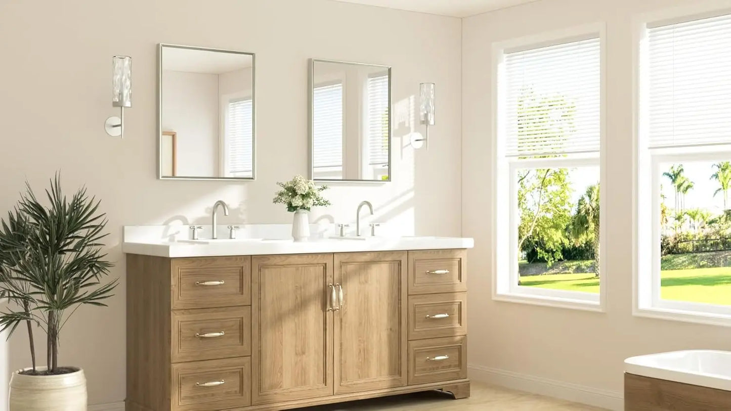 Brushed Nickel Bathroom Mirror 24' x 30' RecBeveled Frame Bathroom Vanity Mirror for Over Sink Brushed Nickel, Tempered Glass, S