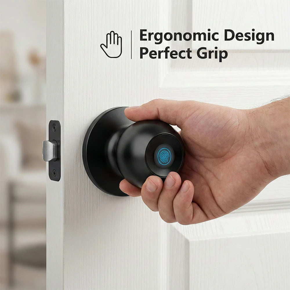 Tuya Smart Fingerprint Door Knob Lock WiFi App Remote Control Keyless Entry Smart Door Lock Temporary Password Unlock Biometric Round Knob Lock for Bedroom Apartment Office