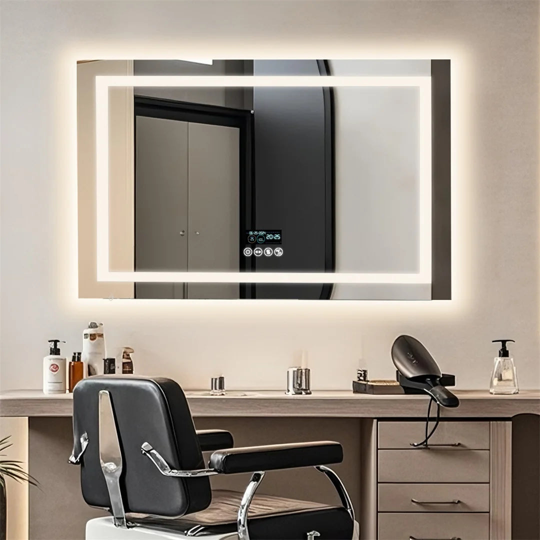 LUVODI 100cm Large Rectangle Bluetooth Bathroom Mirror Wall Vanity Mirror with Time Display IP44 Waterproof Dimming,Anti-fog