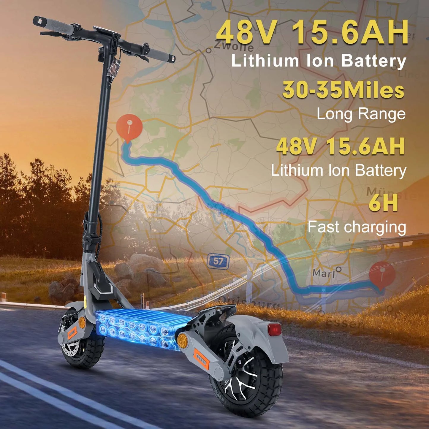 Electric Scooter  1200W Motor for Adults, 48V Battery, 35mph Max Speed,10 Inch Tires