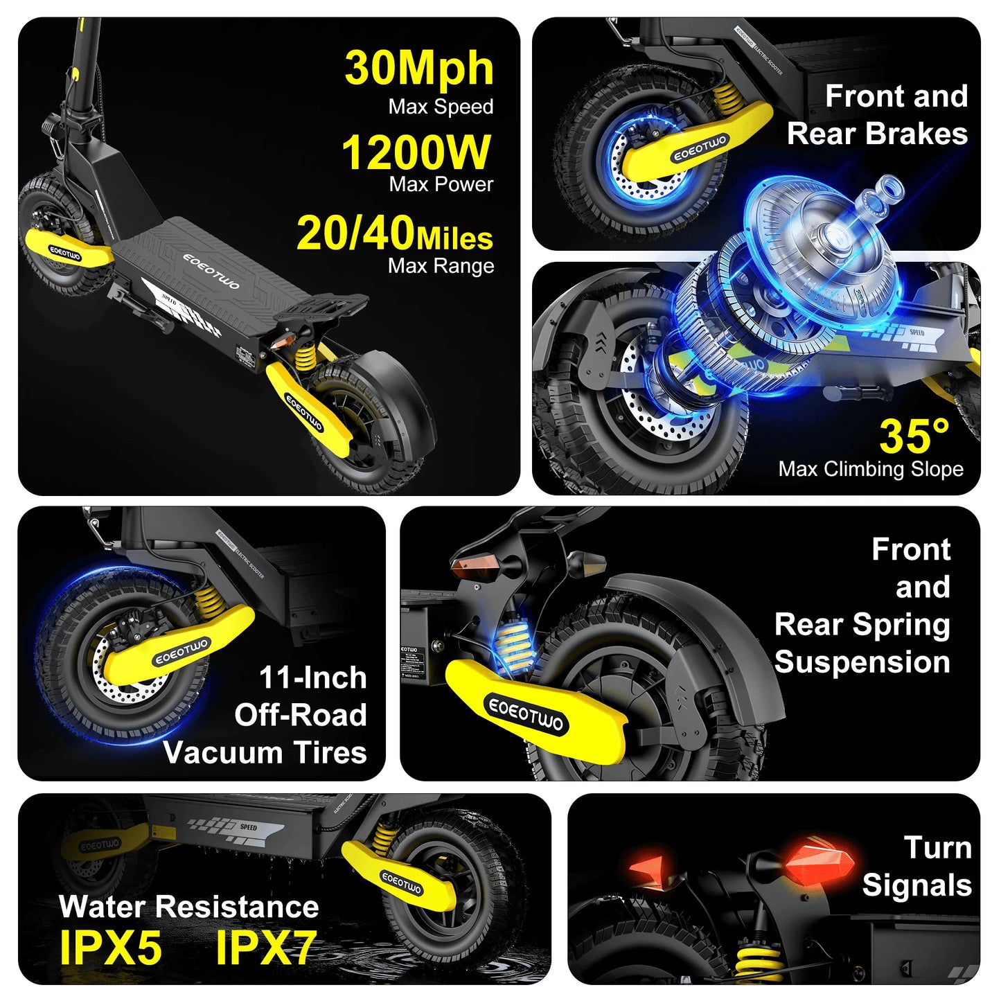EOEOTWO 1200W Off Road Electric Scooter For Adults 30MPH 48V