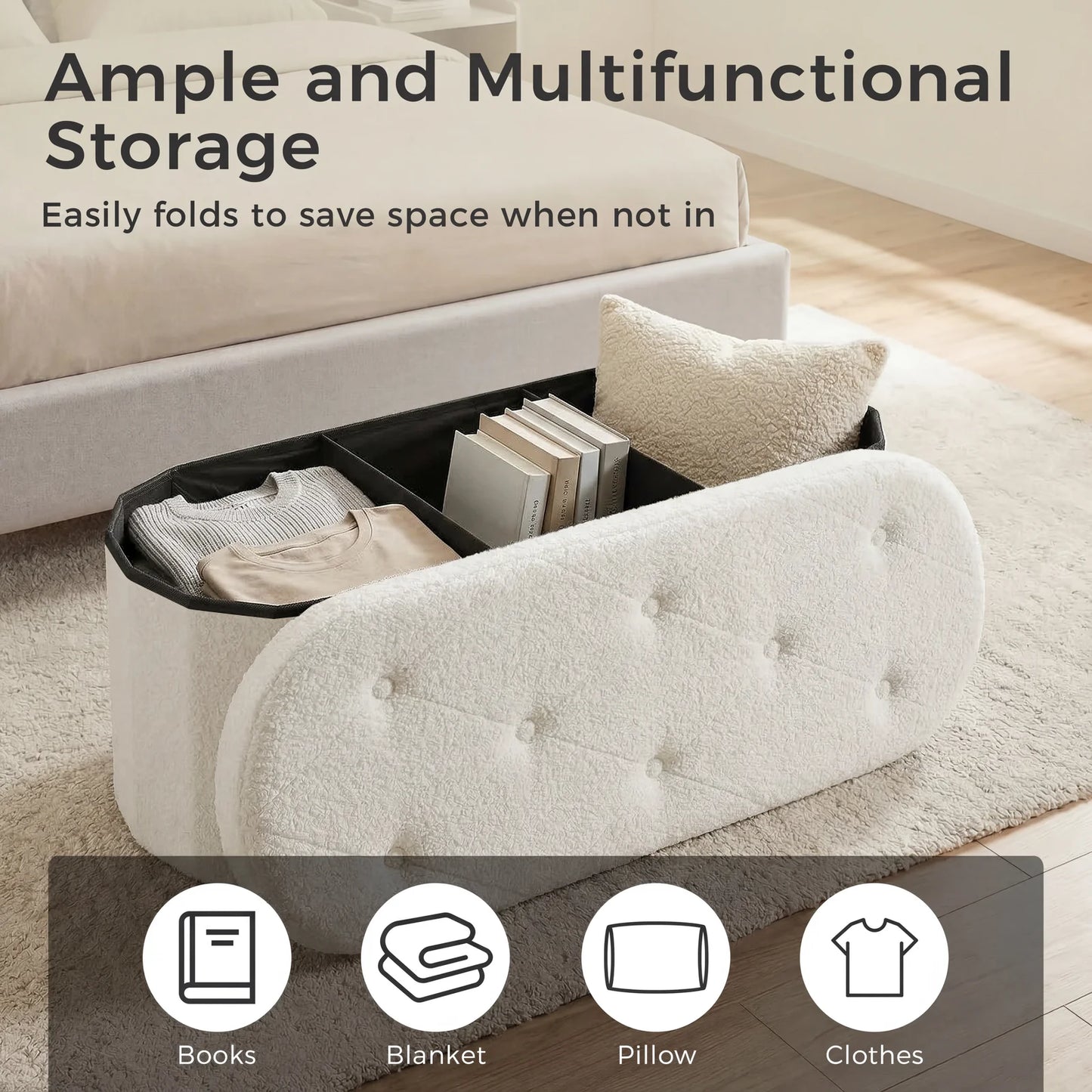 JHK Folding Storage Ottoman Bench With Teddy Fabric Cushion