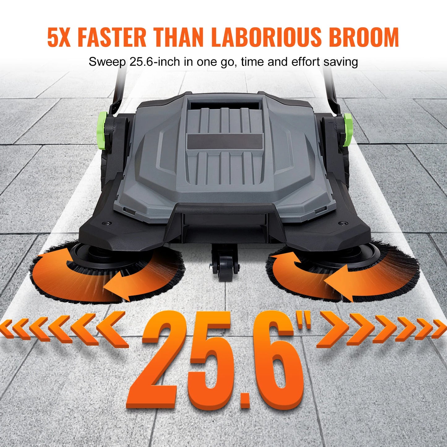 SucceBuy Walk-behind Hand Push Floor Sweeper 25.6" Sweeping Width Floor Sweeper 5-Gal Waste Container Angle & Height Adjustable