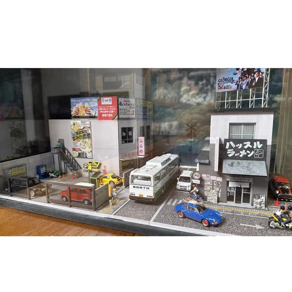 Diorama Car Parking Lot With LED Lighting Japanese Commercial Building Display