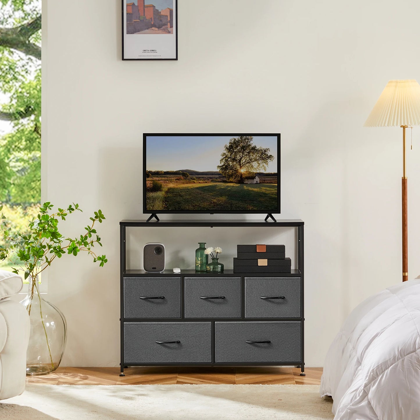 JHK Shoe Cabinet With 5 Fabric Drawers And TV Stand