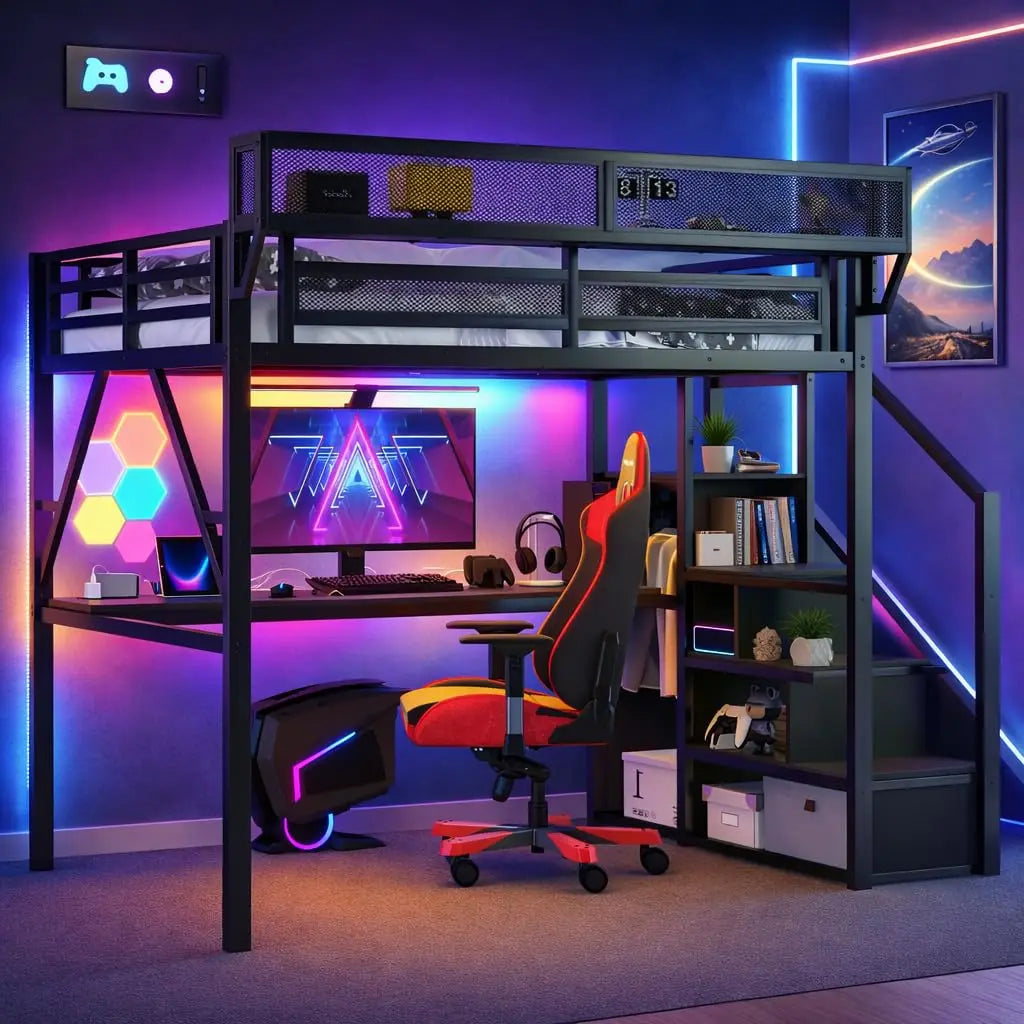 Metal Loft Bed With Stairs Storage Wardrobe And Bedside Shelf For Adults
