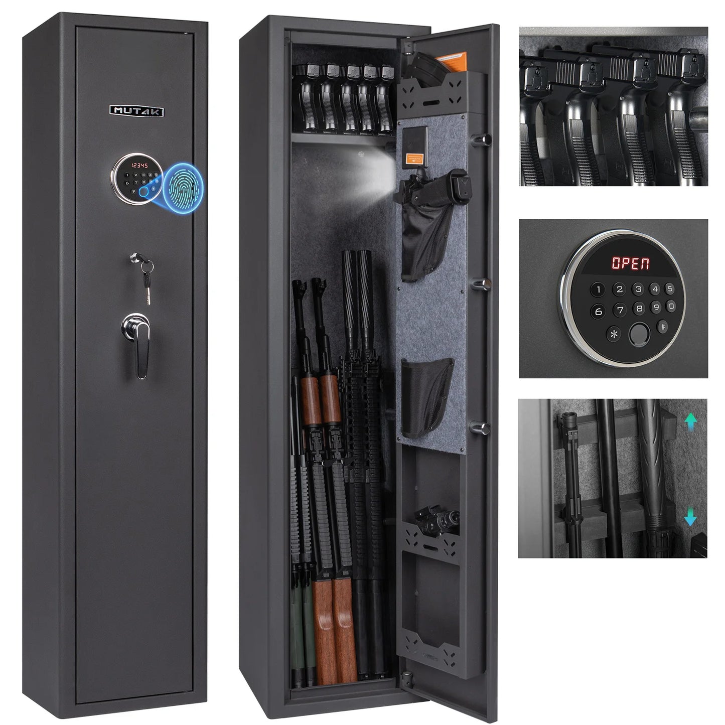 Mutak 3-8 Rifles Gun Safe for Home Rifles Pistols,Biometric Gun Cabinet with Fingerprint/Keypad/Key,with Locker Removable Shelf