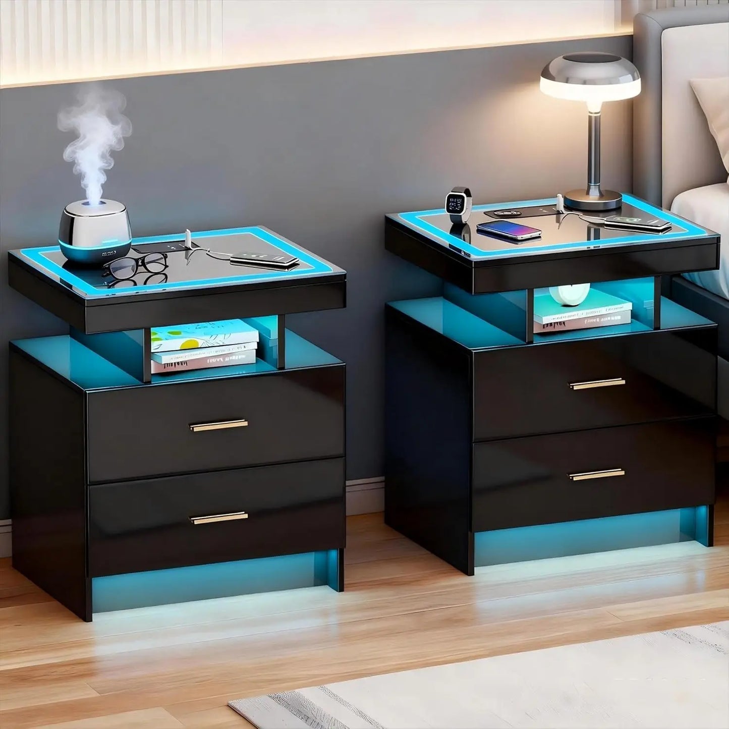 Nightstands With Wireless Charging Station And Auto Sensor LED