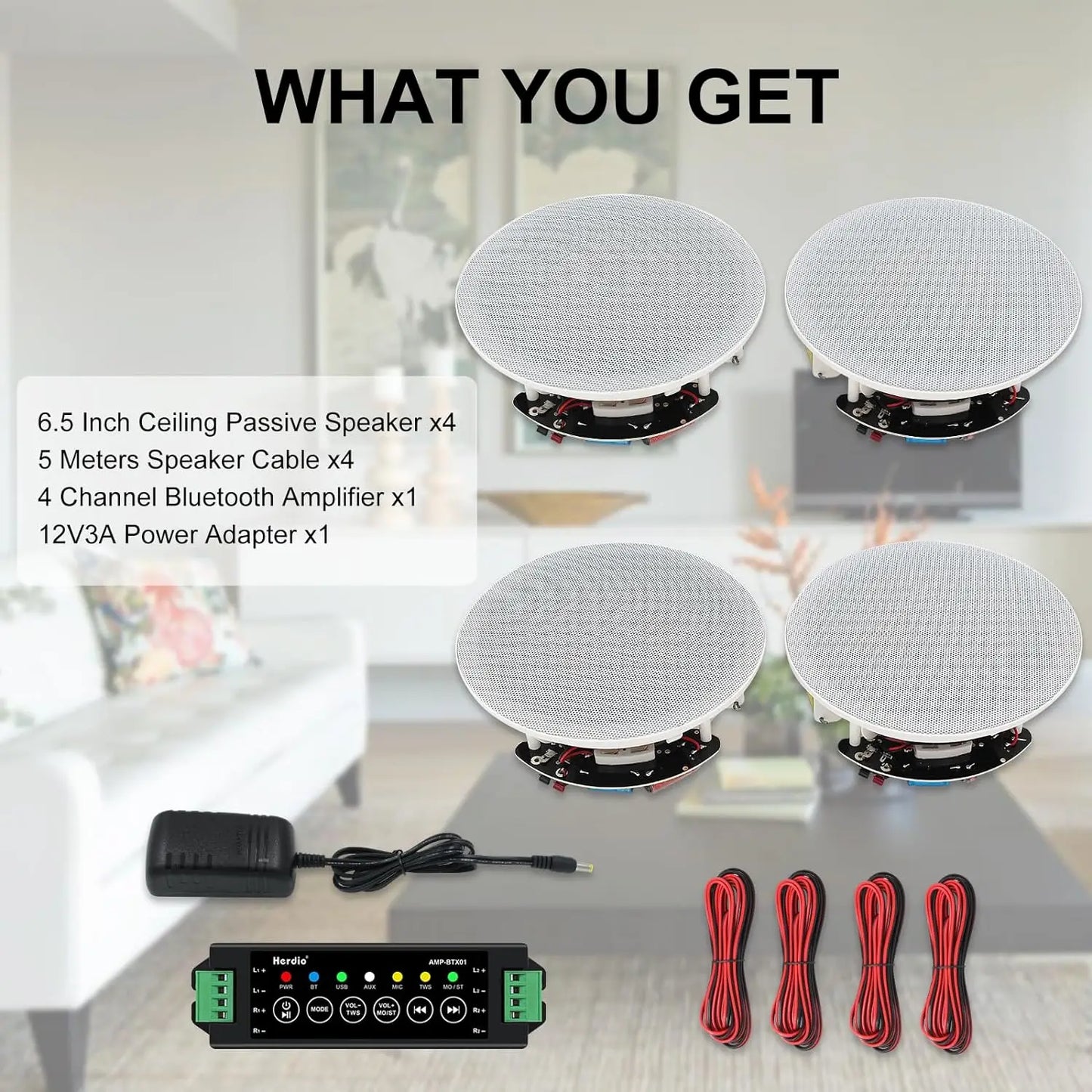 Herdio 6.5" Bluetooth Speaker In Ceiling 600W 2-Way Flush Mount Speakers System With Wall Amplifier Receiver For Home