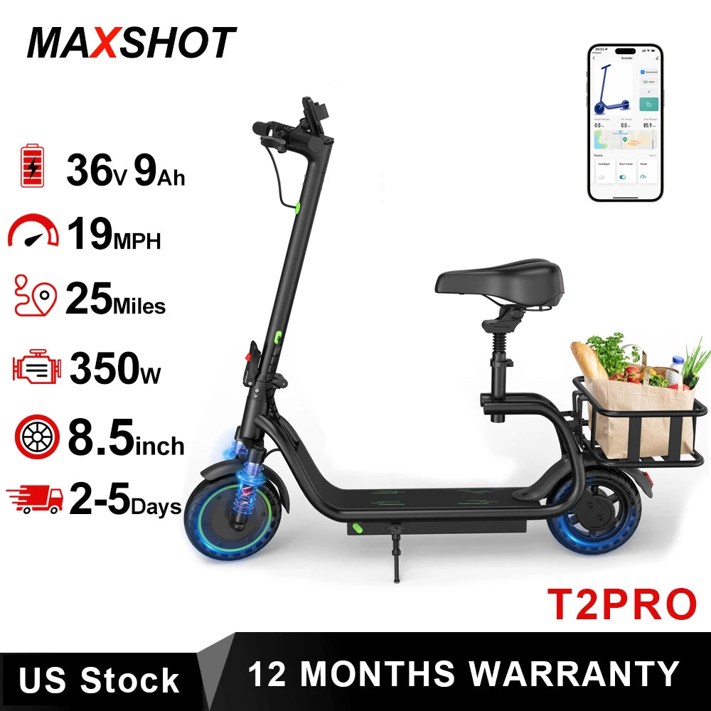 MAXSHOT 8.5'' Electric Scooter with Seat & Basket 15miles Max Range 19MPH Max Speed Foldable Adult E-scooter LED Lights 265lbs Max Load