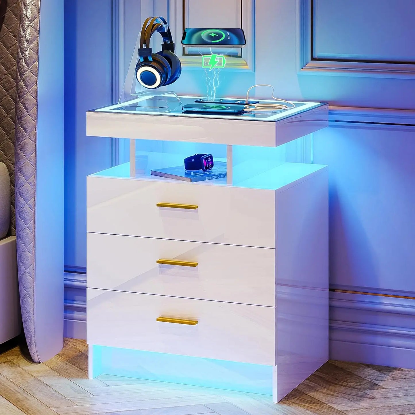 Nightstands With Wireless Charging Station And Auto Sensor LED