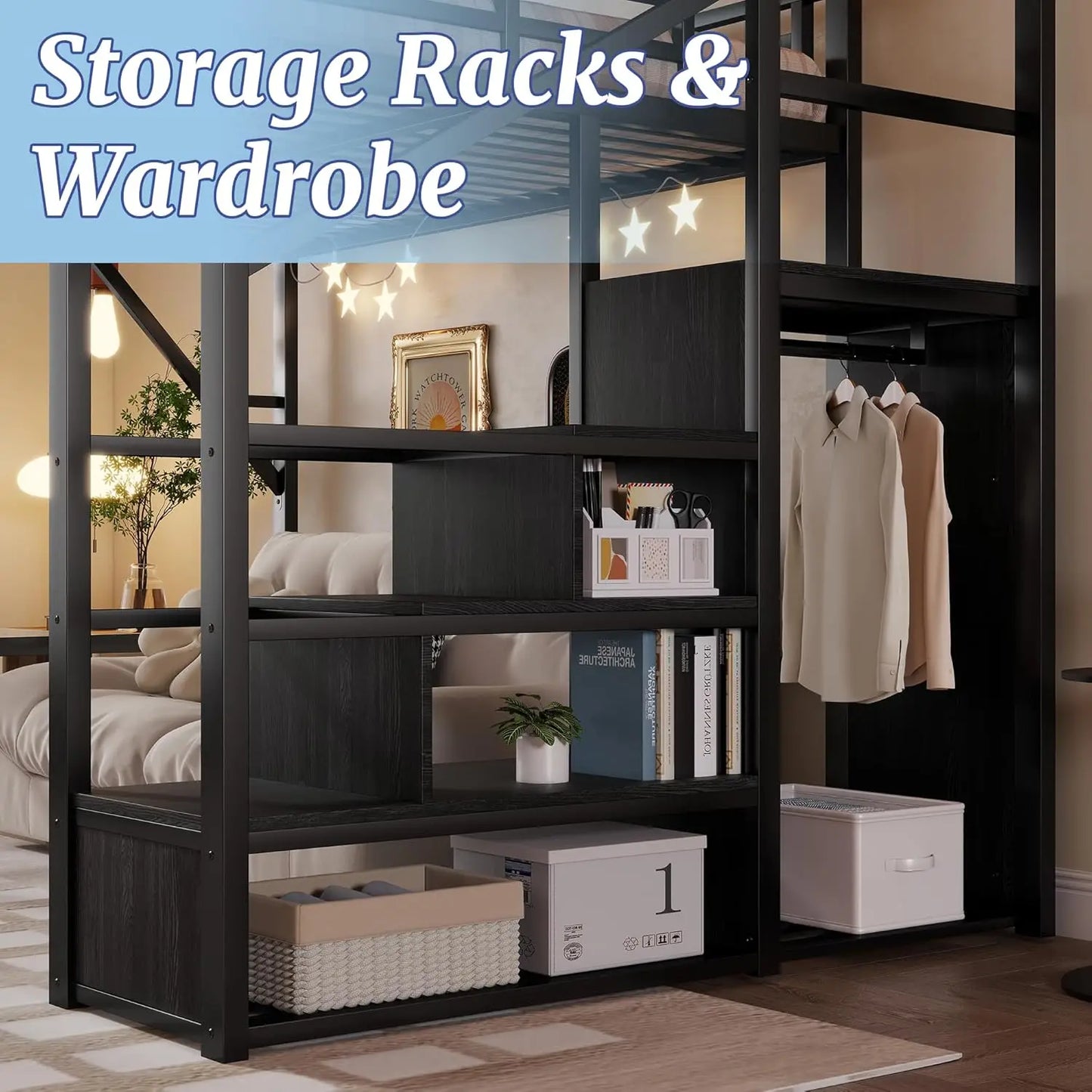 Metal Loft Bed With Stairs Storage Wardrobe And Bedside Shelf For Adults