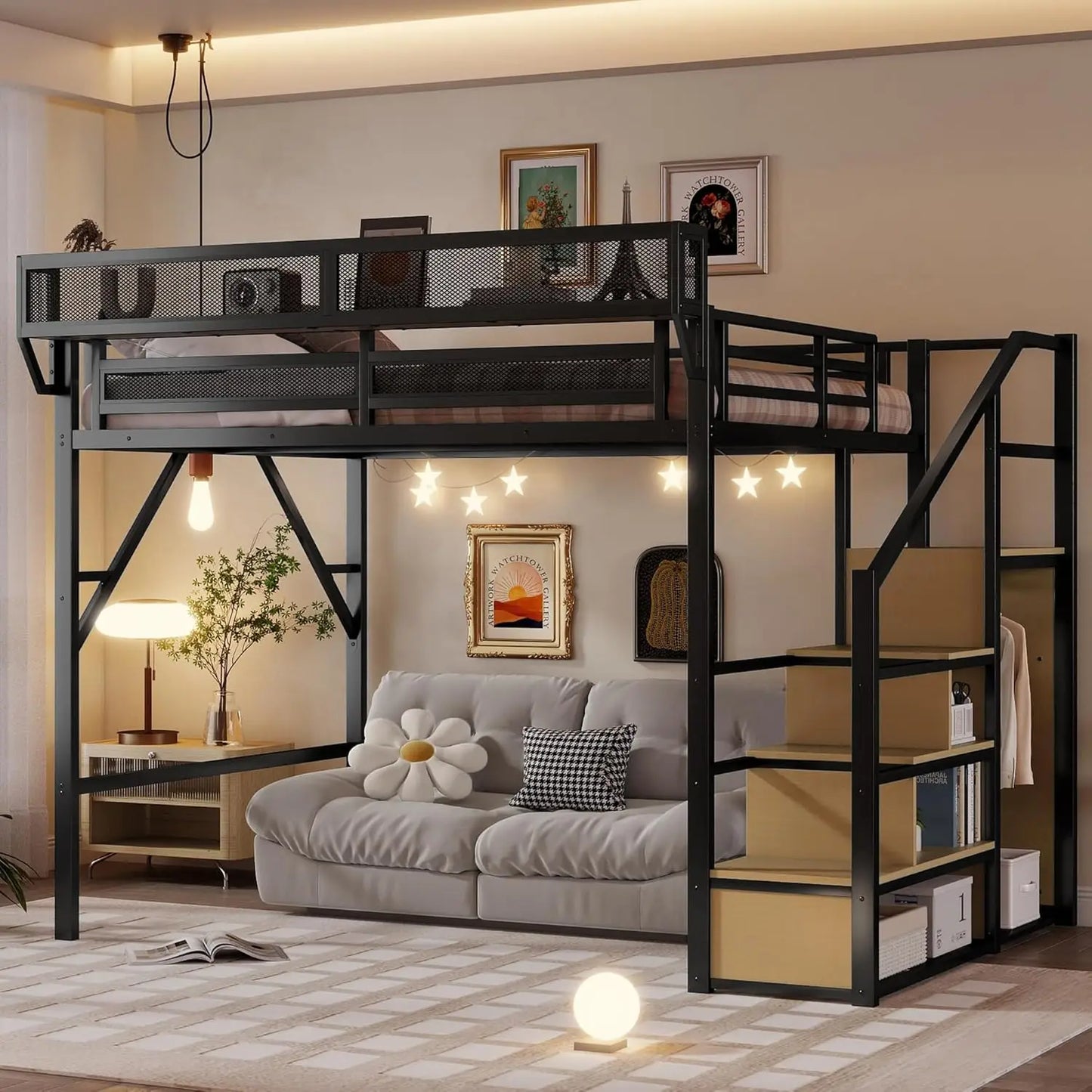 Metal Loft Bed With Stairs Storage Wardrobe And Bedside Shelf For Adults